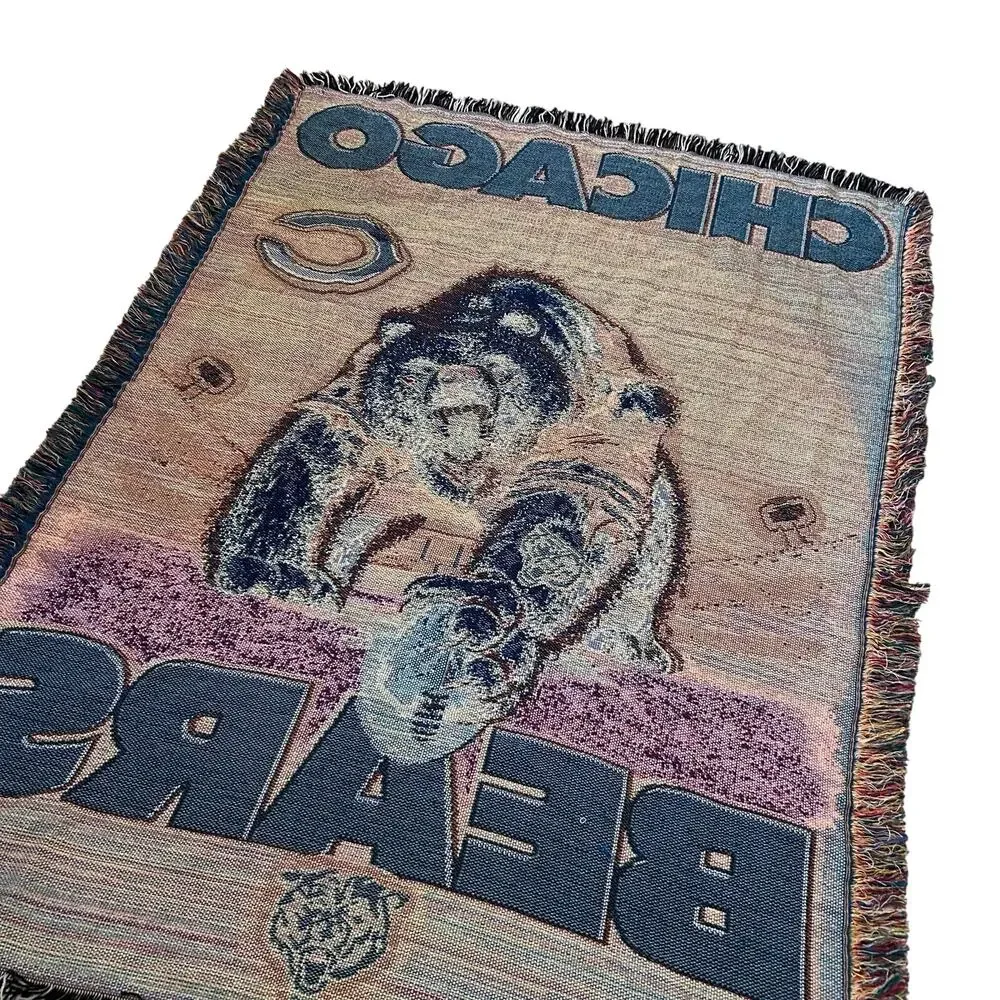 Vintage 90s Chicago Bears NFL Tapestry Fringe Throw Blanket 43x58 Americana